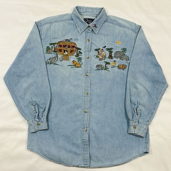Vintage Embroidered Noah’s Arc Light Jean Button Down Shirt - Picture 2 of 11